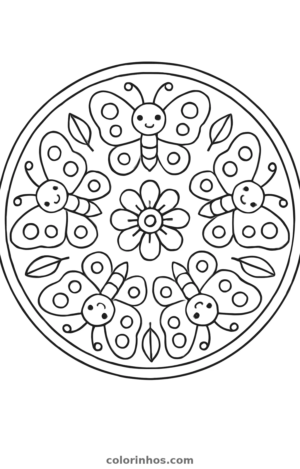 Cinco borboletas com bolinhas nas asas com bolinhas nas asas em volta de uma flor, dentro de um círculo, desenho para colorir