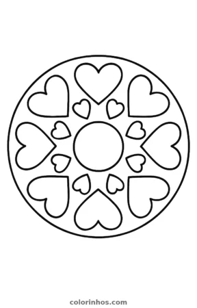 Mandala de corações, desenho em preto e branco para colorir