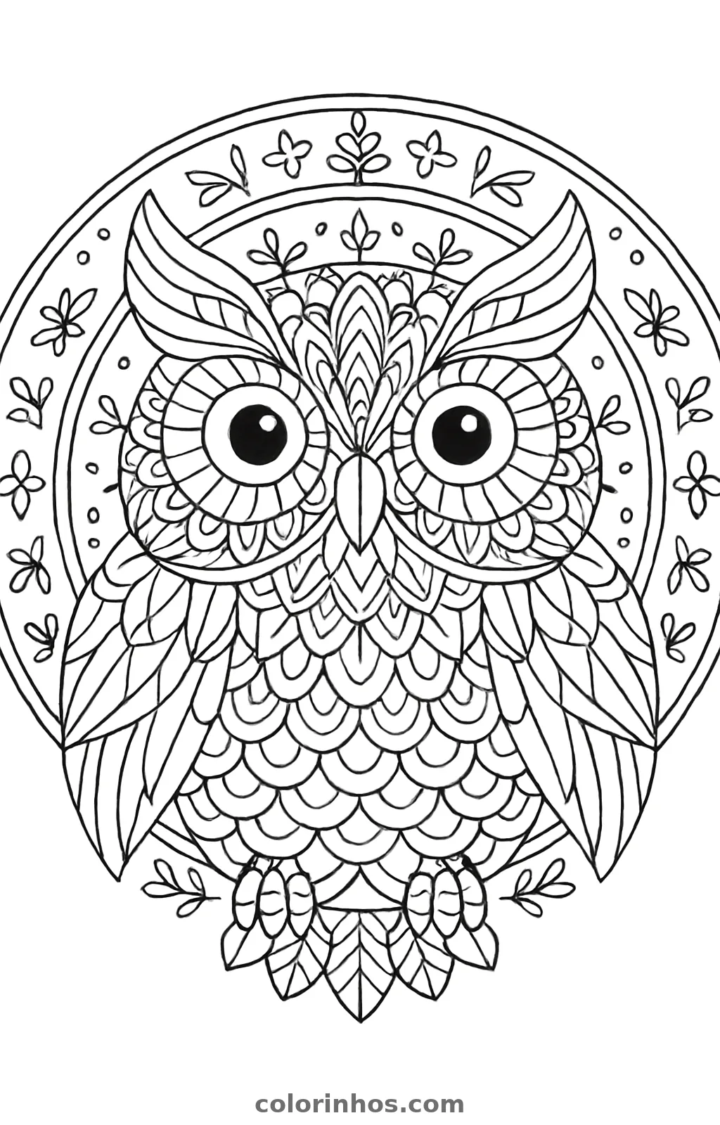 Coruja de frente com penas em escamas e olhos grandes dentro de uma mandala com florzinhas, desenho para colorir