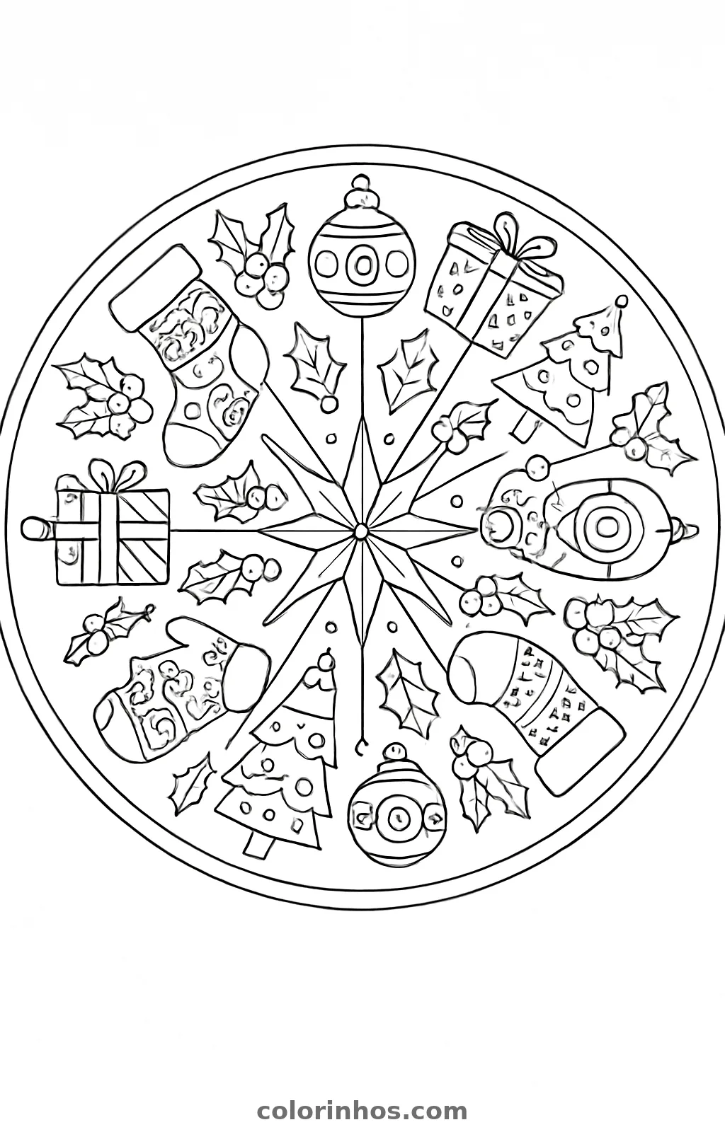 Mandala de Natal com estrela de oito pontas no centro, presentes, pinheiros, bolas, meias, luva e azevinho, desenho para colorir