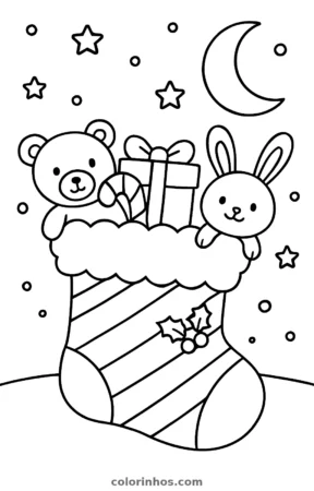 Meia de Natal com brinquedos, desenho em preto e branco para colorir