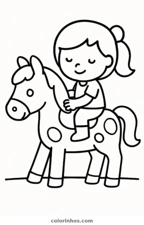 Menina andando a cavalo, desenho em preto e branco para colorir