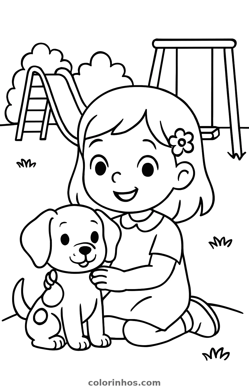 Menina com um filhote de cachorro, desenho em preto e branco para colorir
