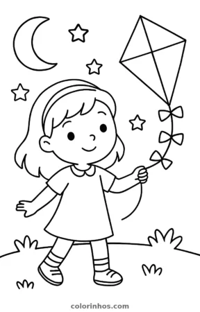 Menina com uma pipa, desenho em preto e branco para colorir