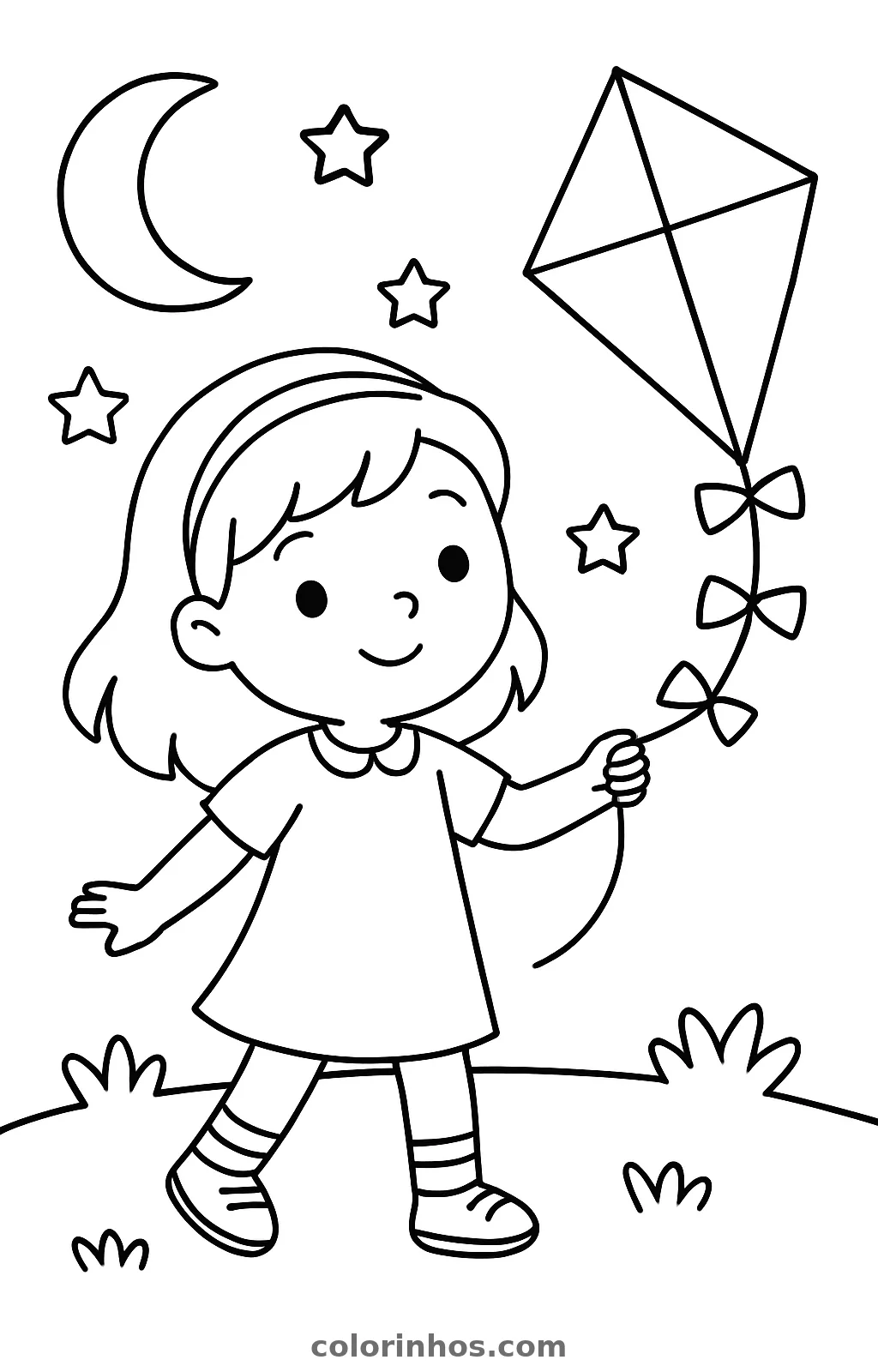 Menina com uma pipa, desenho em preto e branco para colorir