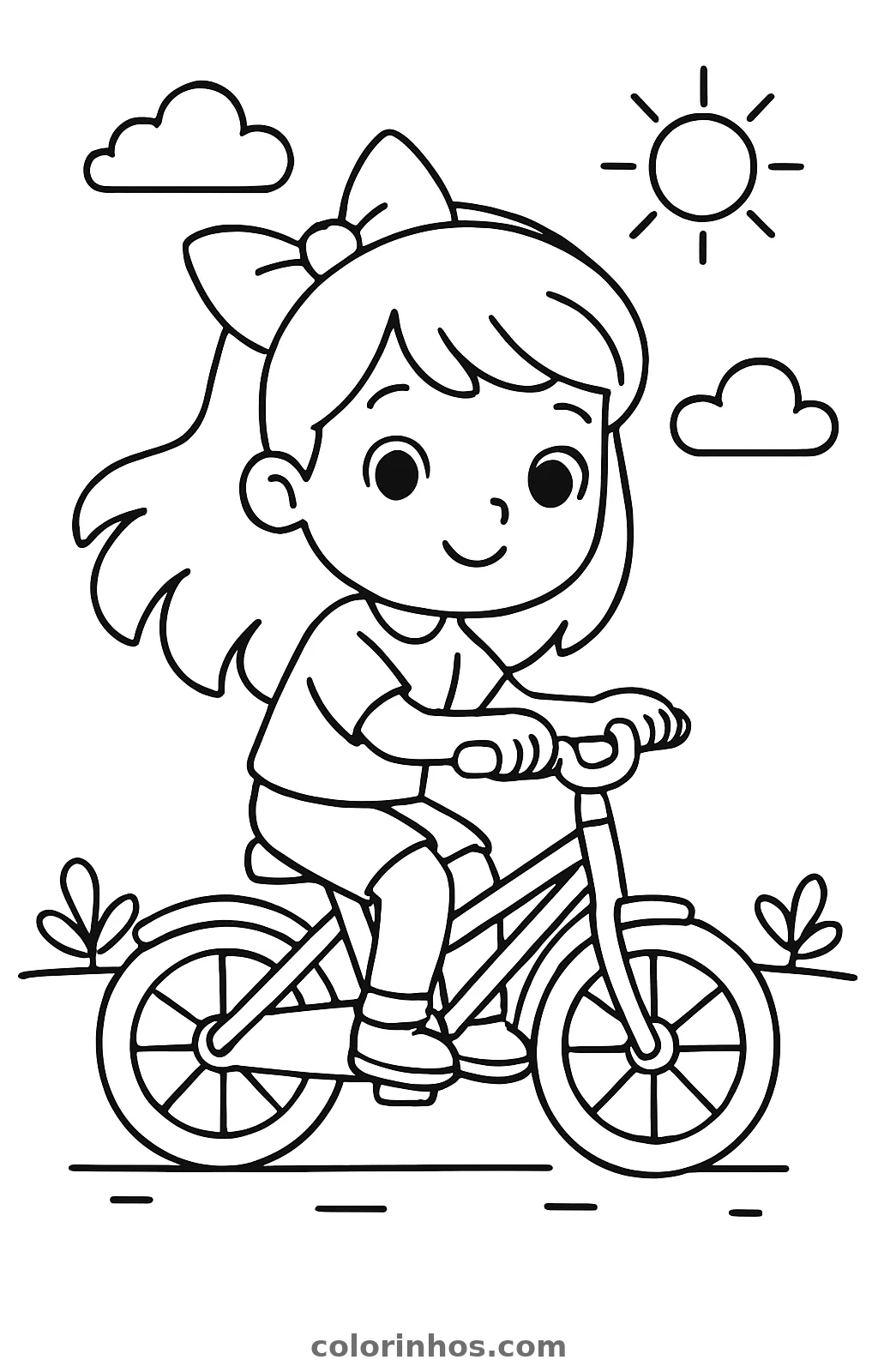 Menina com um laço grande no cabelo pedalando uma bicicleta sob o sol, desenho para colorir