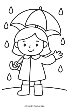Menina de guarda-chuva na chuva, desenho em preto e branco para colorir