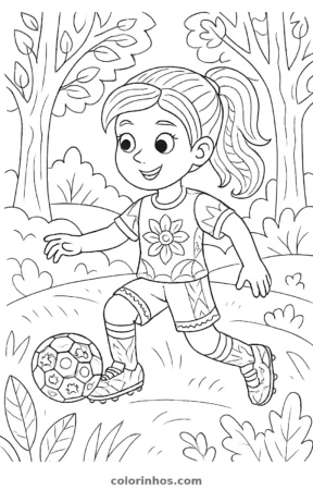Menina jogando futebol, desenho em preto e branco para colorir