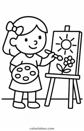 Menina pintando um quadro, desenho em preto e branco para colorir