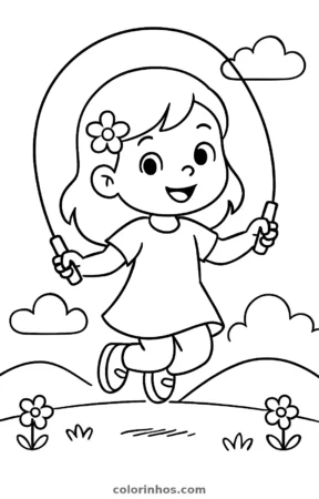 Menina pulando corda, desenho em preto e branco para colorir