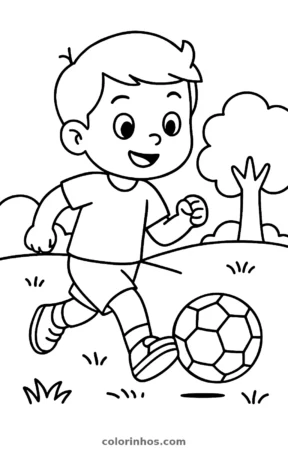 Menino chutando a bola, desenho em preto e branco para colorir