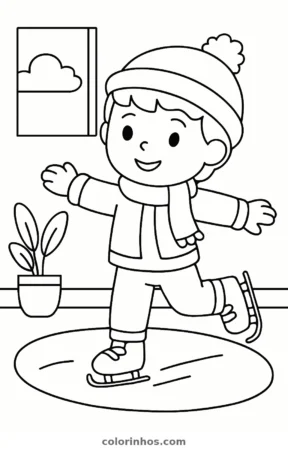 Menino patinando no gelo, desenho em preto e branco para colorir