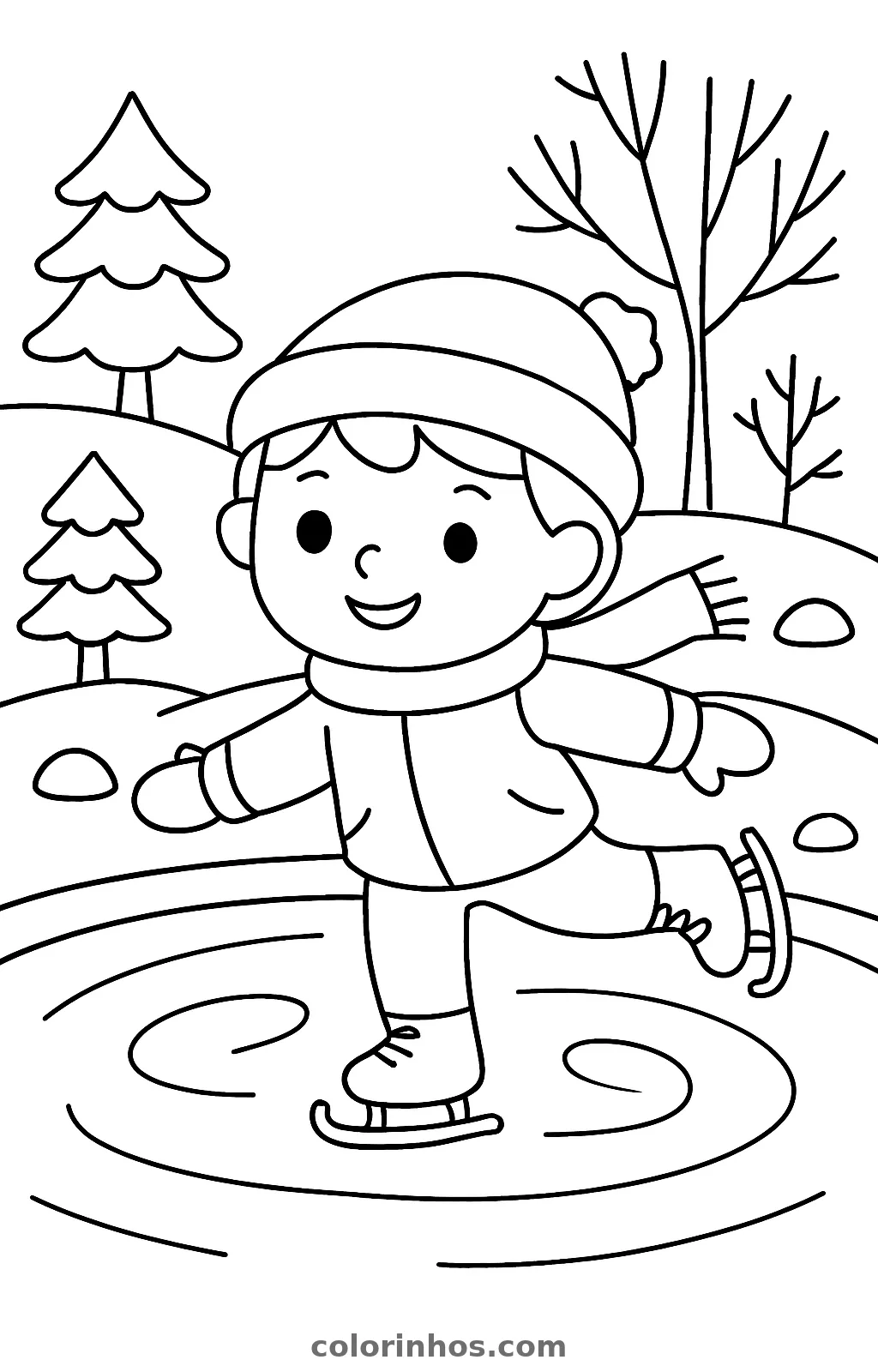 Menino patinando no gelo, desenho em preto e branco para colorir