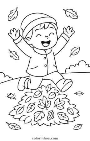 Menino pulando nas folhas, desenho em preto e branco para colorir
