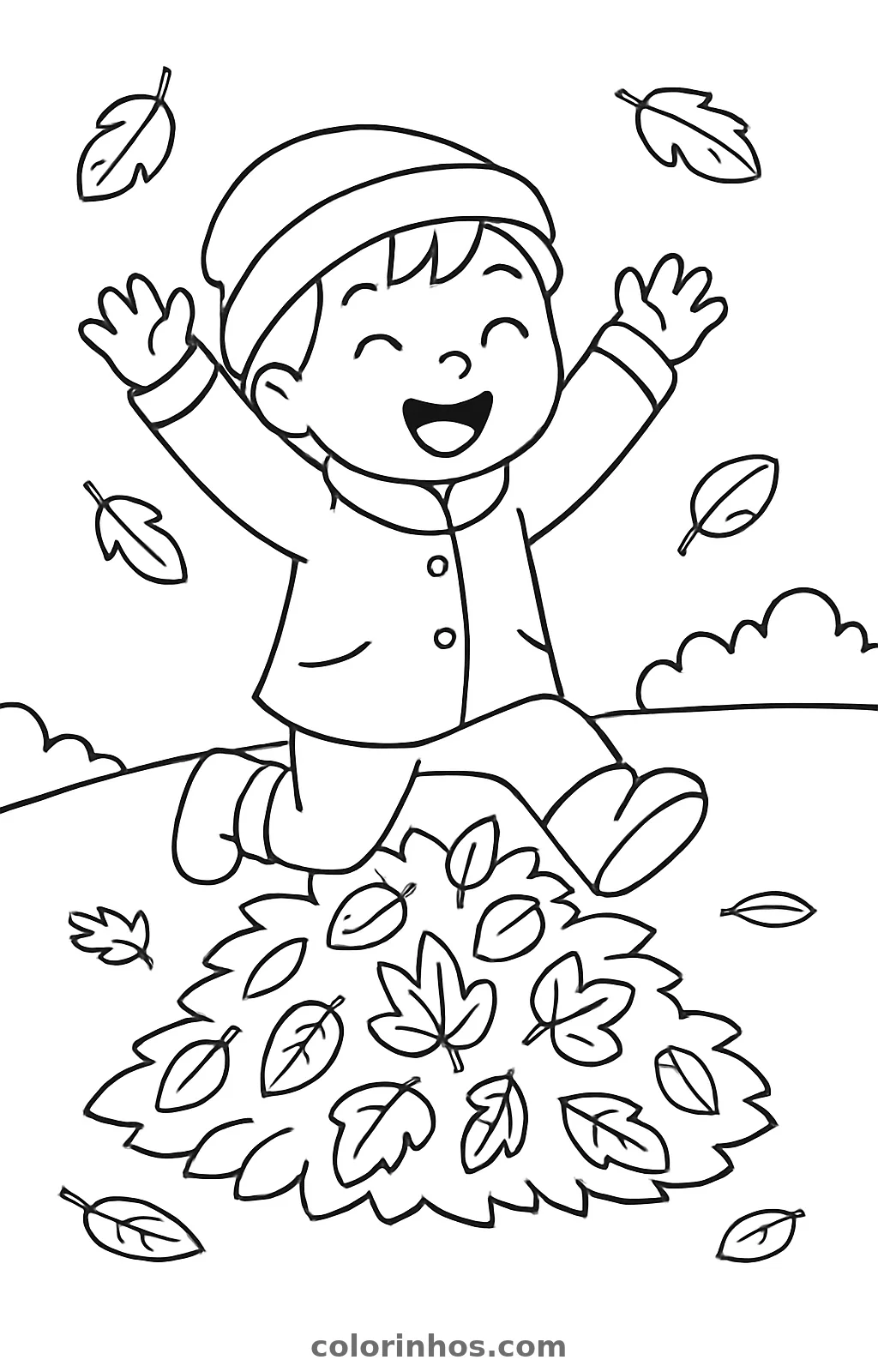 Menino de gorro e casaco pulando de braços para cima sobre um monte de folhas, desenho para colorir