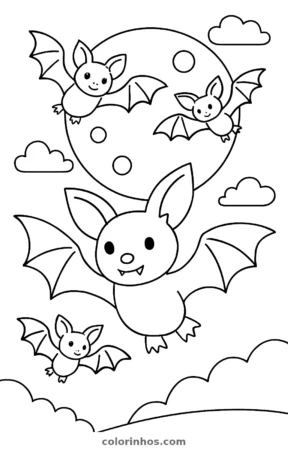 Morcegos e lua cheia, desenho em preto e branco para colorir