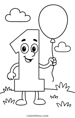 Número 1 com um balão, desenho em preto e branco para colorir