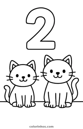 Número 2 com dois gatos, desenho em preto e branco para colorir