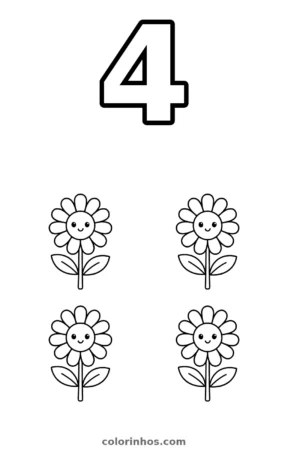 Número 4 com quatro flores, desenho em preto e branco para colorir