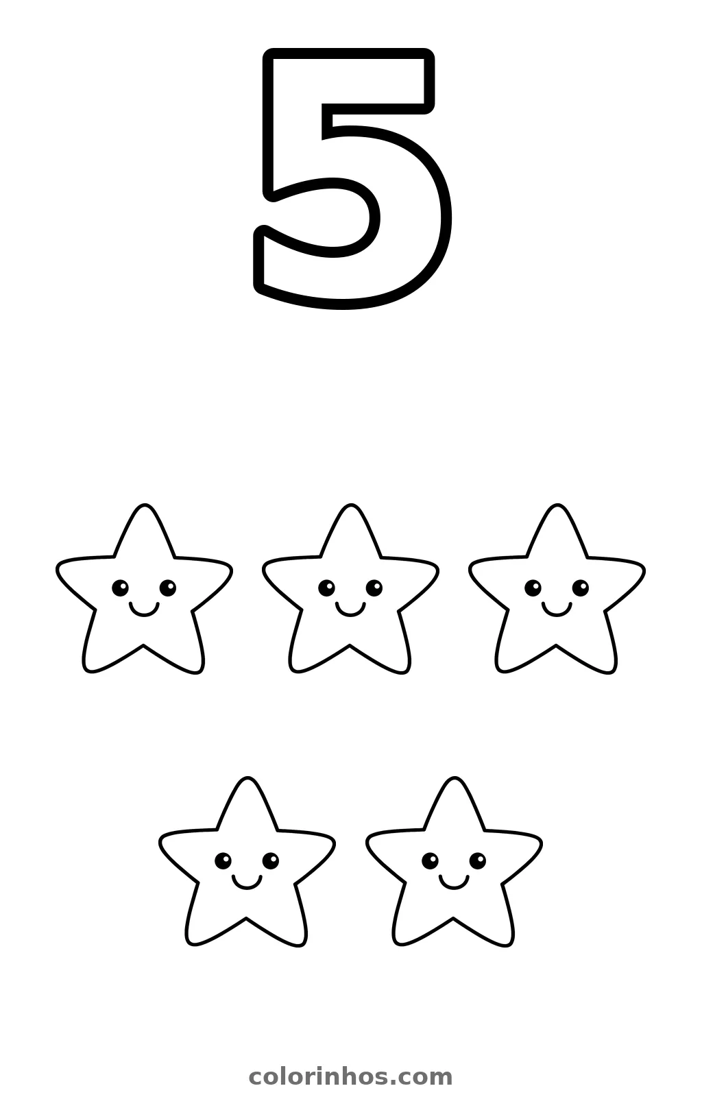 Número 5 grande sobre cinco estrelas sorridentes, três numa fileira e duas na de baixo, desenho para colorir