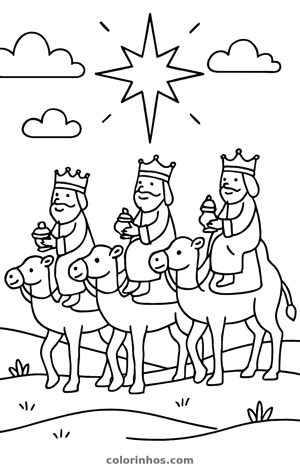 Os Reis Magos de camelo seguindo a estrela, desenho em preto e branco para colorir