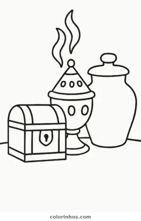 Ouro, incenso e mirra, desenho em preto e branco para colorir