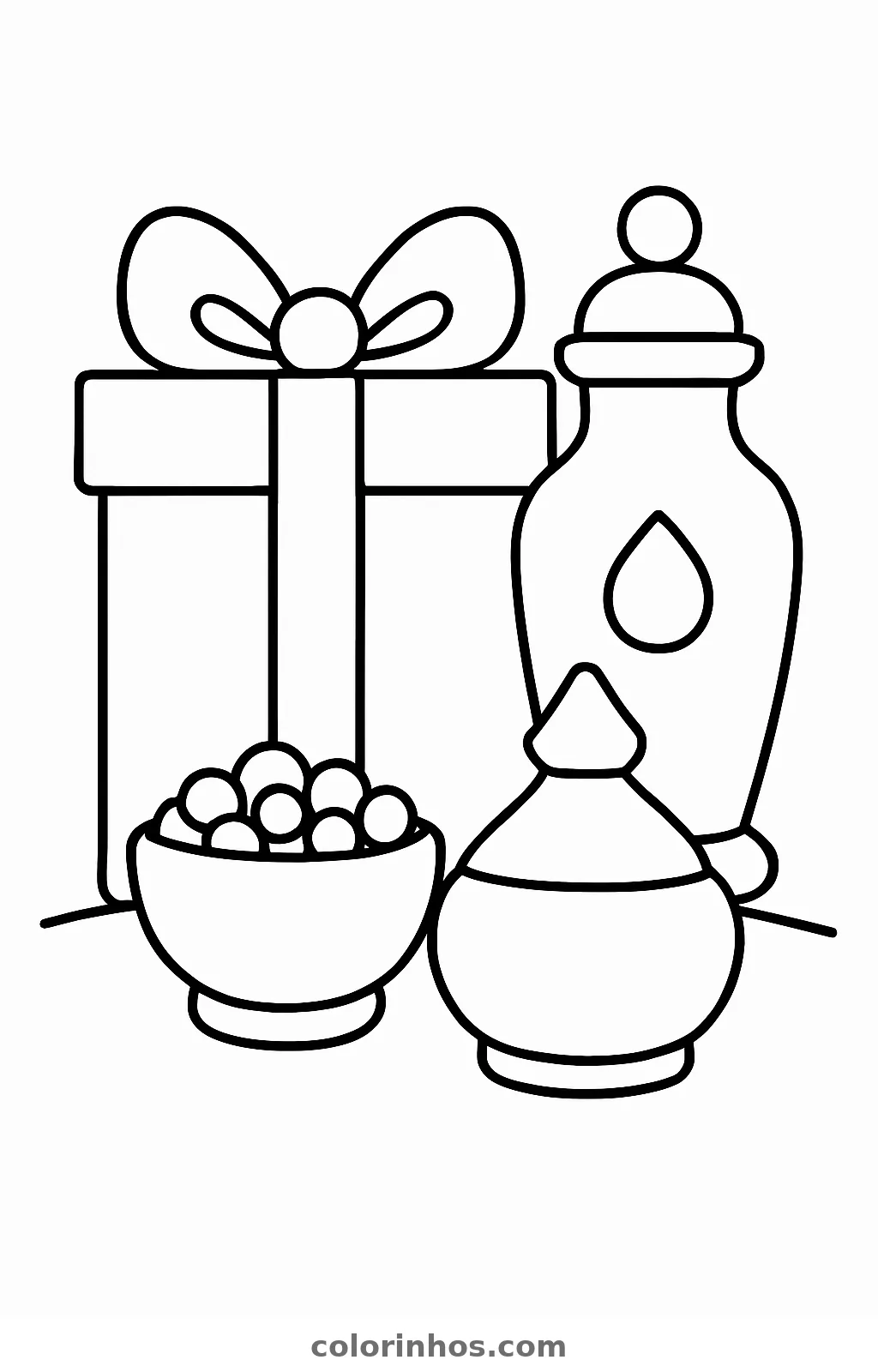 Ouro, incenso e mirra, desenho em preto e branco para colorir