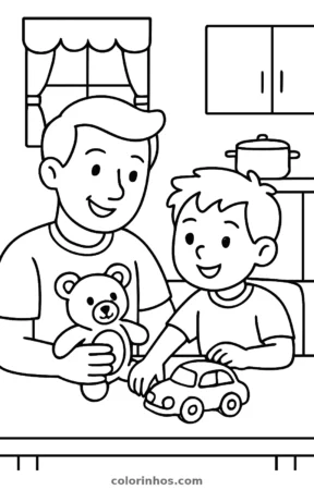 Pai e filho brincando em casa, desenho em preto e branco para colorir