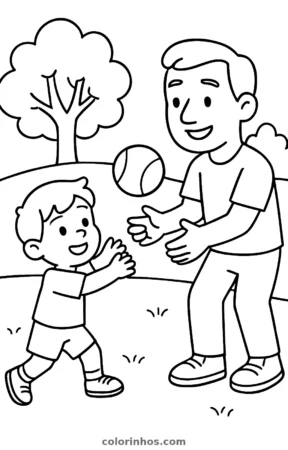 Pai e filho jogando bola, desenho em preto e branco para colorir