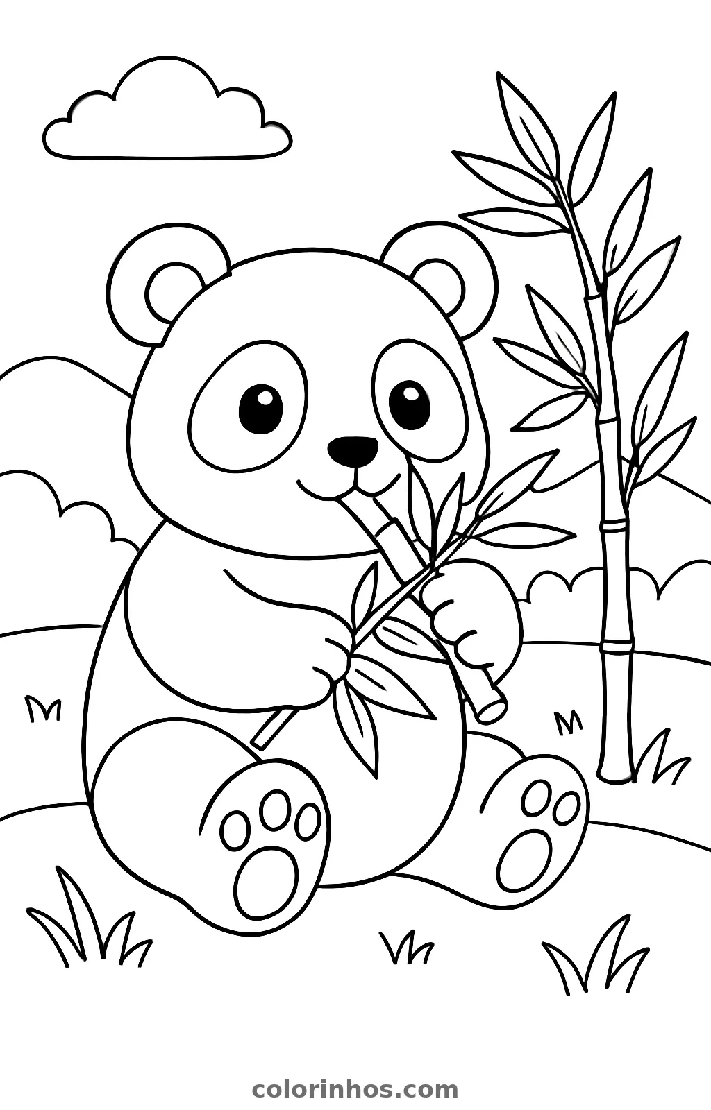 Panda sentado mordendo um galho de bambu com folhas, ao lado de outra vara de bambu, desenho para colorir