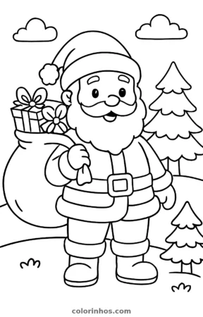 Papai Noel com o saco de presentes, desenho em preto e branco para colorir