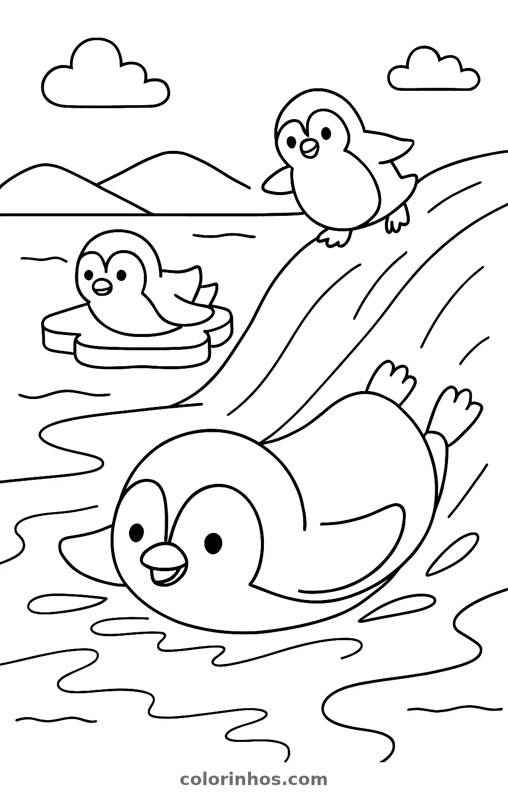 Pinguins deslizando no gelo, desenho em preto e branco para colorir