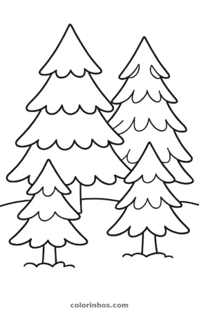Pinheiros na floresta, desenho em preto e branco para colorir
