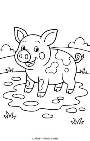 Porquinho na lama, desenho em preto e branco para colorir