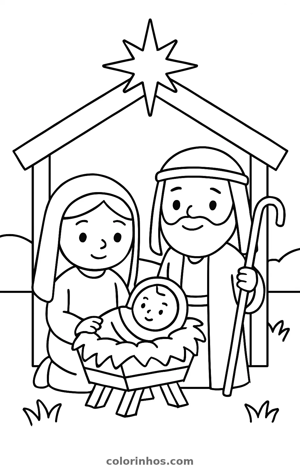Presépio com Maria ajoelhada, José de cajado e o Menino na manjedoura sob uma estrela, desenho para colorir
