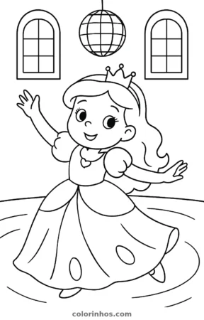 Princesa dançando no baile, desenho em preto e branco para colorir