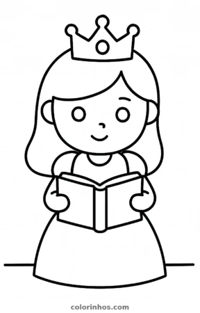 Princesa lendo um livro, desenho em preto e branco para colorir