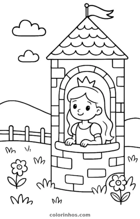 Princesa na torre do castelo, desenho em preto e branco para colorir
