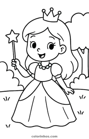 Princesinha com varinha mágica, desenho em preto e branco para colorir