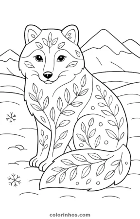 Raposa-do-ártico na neve, desenho em preto e branco para colorir