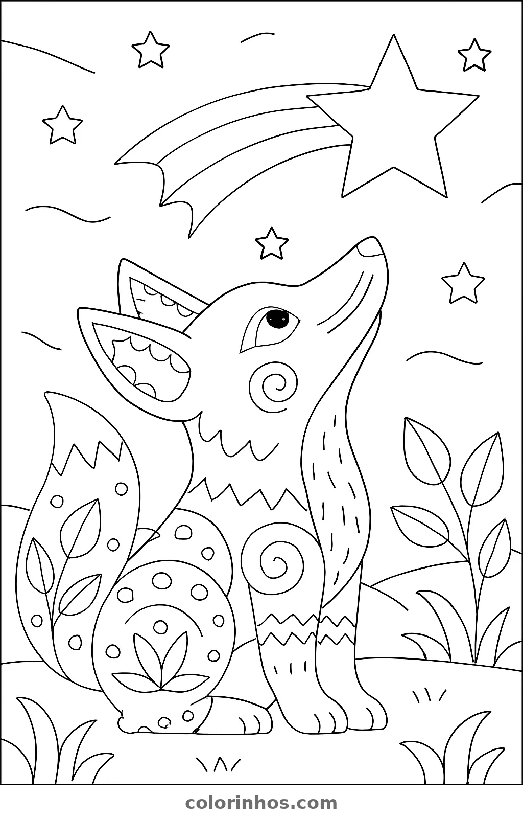 Raposa sentada com espirais e bolinhas no corpo olhando uma estrela cadente entre plantas, desenho para colorir