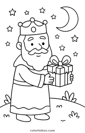 Rei Mago com um presente, desenho em preto e branco para colorir