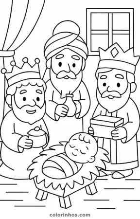 Reis Magos diante da manjedoura, desenho em preto e branco para colorir