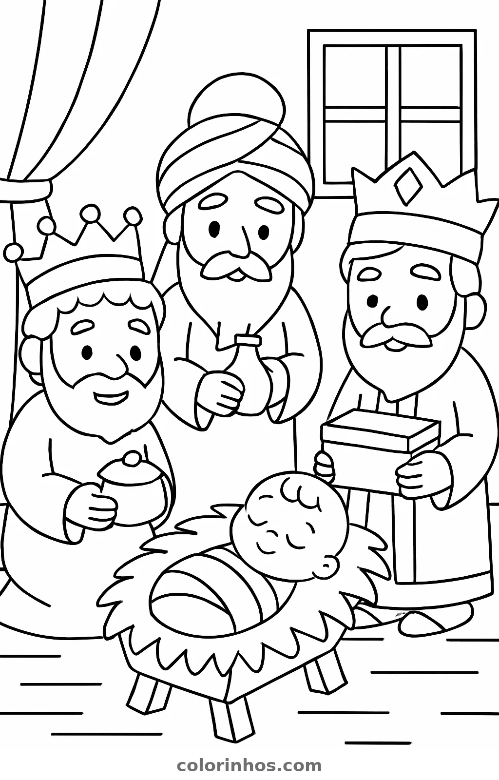Reis Magos diante da manjedoura, desenho em preto e branco para colorir