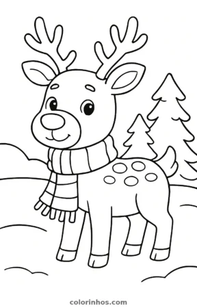 Rena de cachecol, desenho em preto e branco para colorir
