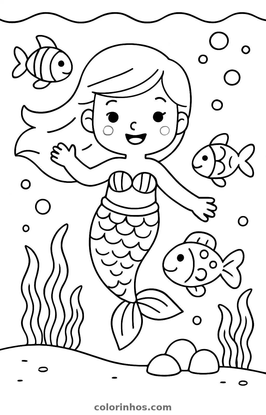 Sereia acenando no fundo do mar entre três peixes, bolhas e algas, desenho para colorir