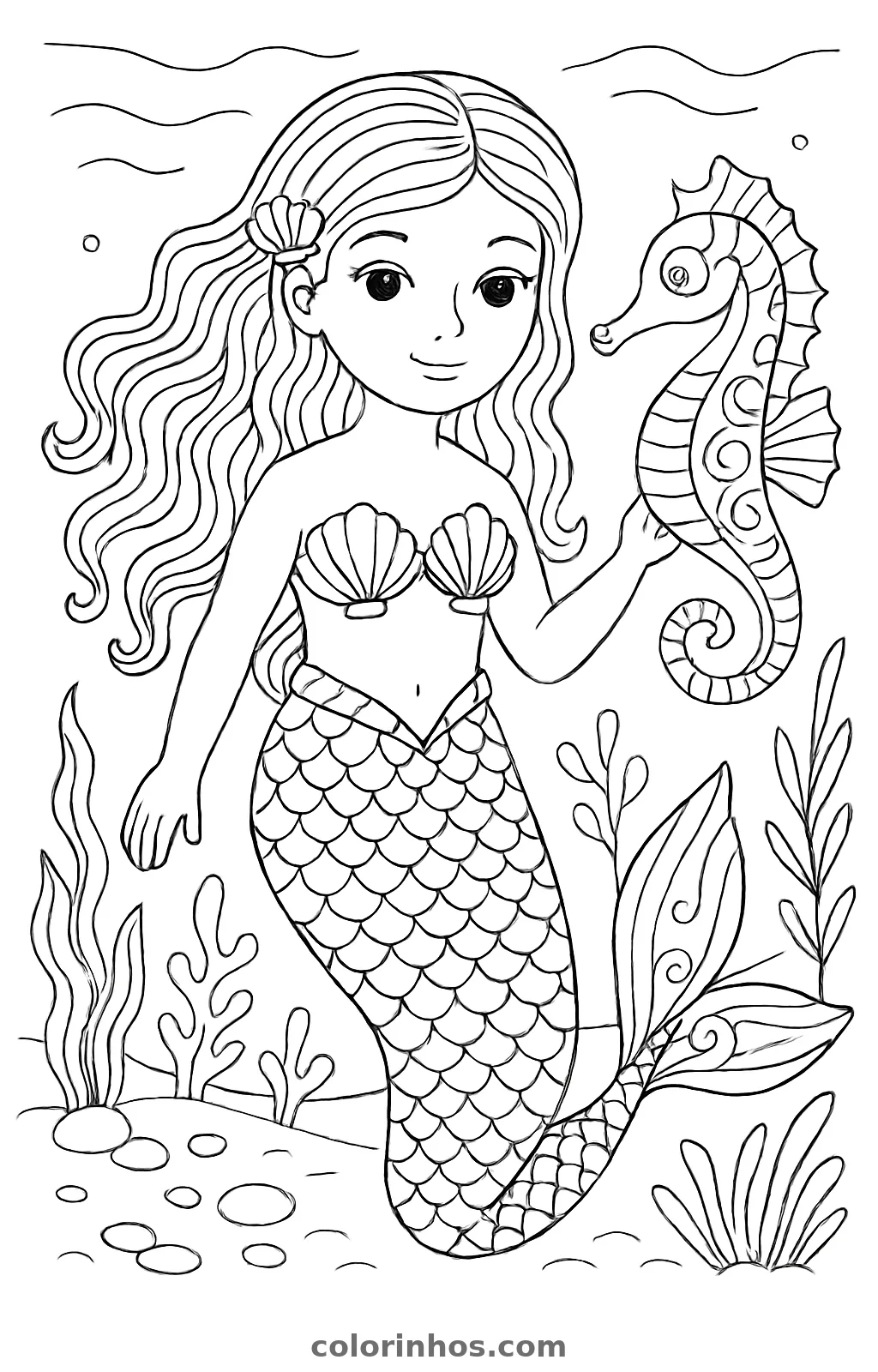 Sereia com um cavalo-marinho, desenho em preto e branco para colorir