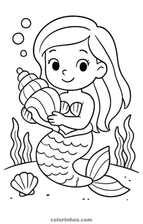 Sereia com uma concha, desenho em preto e branco para colorir