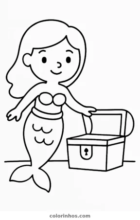 Sereia e o baú do tesouro, desenho em preto e branco para colorir