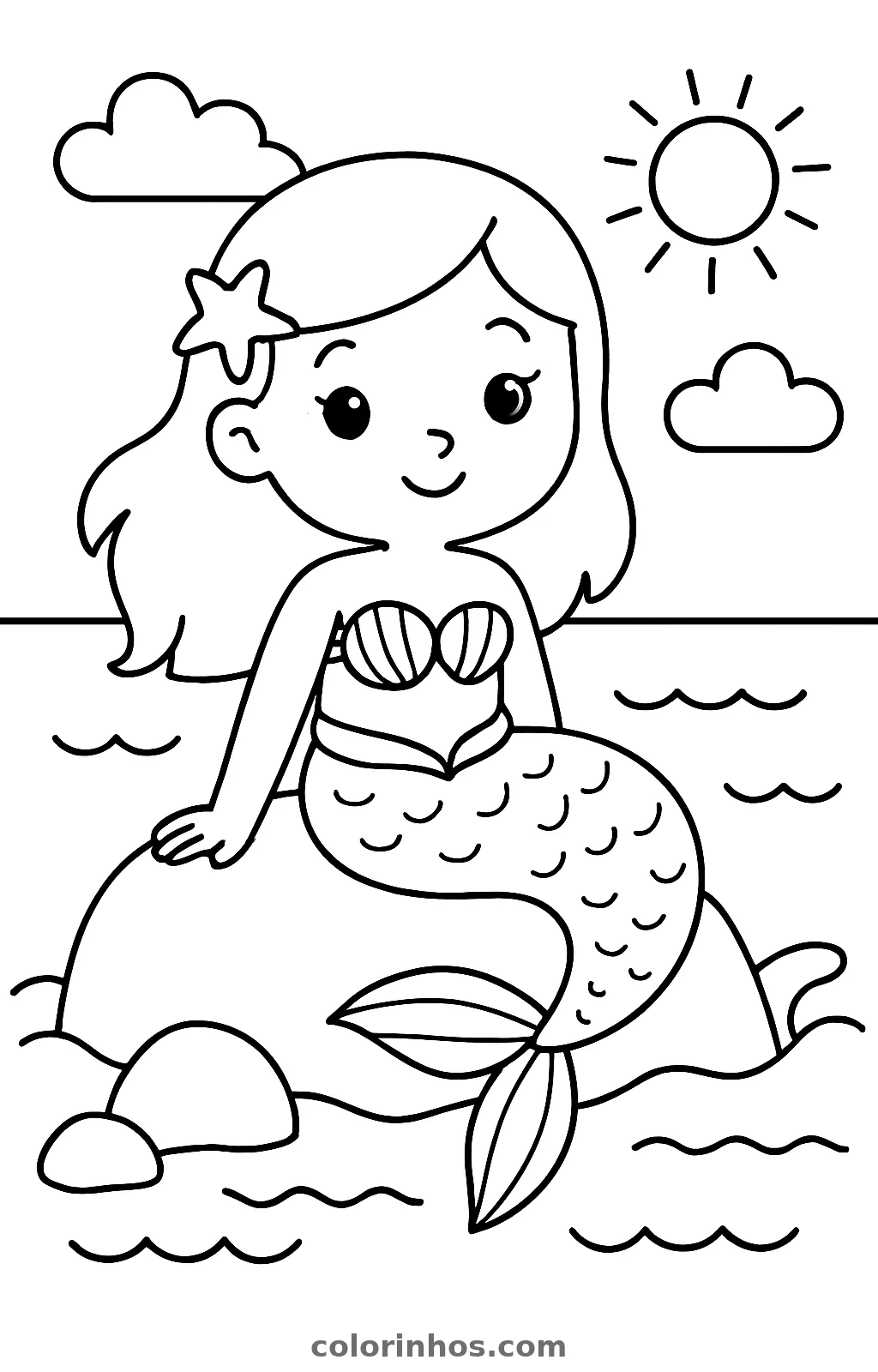 Sereia sentada numa pedra no mar, com estrela-do-mar no cabelo, sol e duas nuvens, desenho para colorir